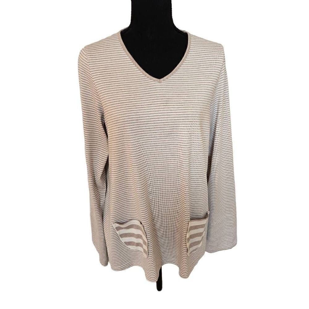 Lasania Women's Striped Long Sleeve V-neck Pullover Top Beige & White Medium